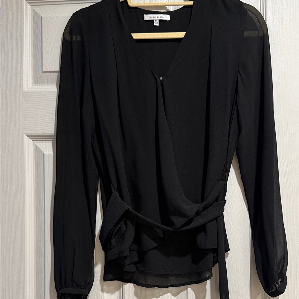 Elegant Black Wrap Blouse with Sheer Sleeves